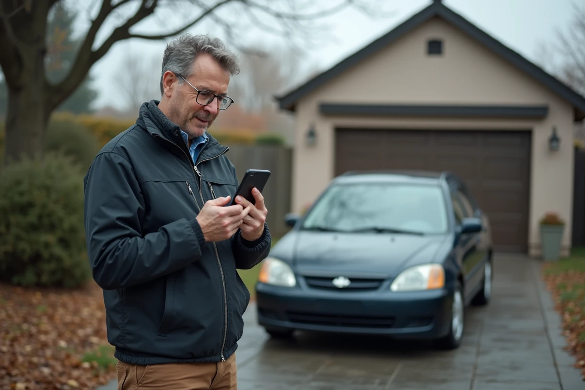 Homme gérant une annonce payante pour vendre sa voiture sur Leboncoin depuis son allée