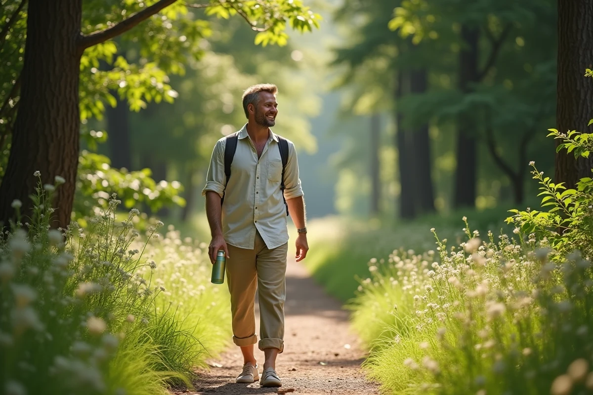 Homme marchant dans la forêt avec un sourire et bouteille d