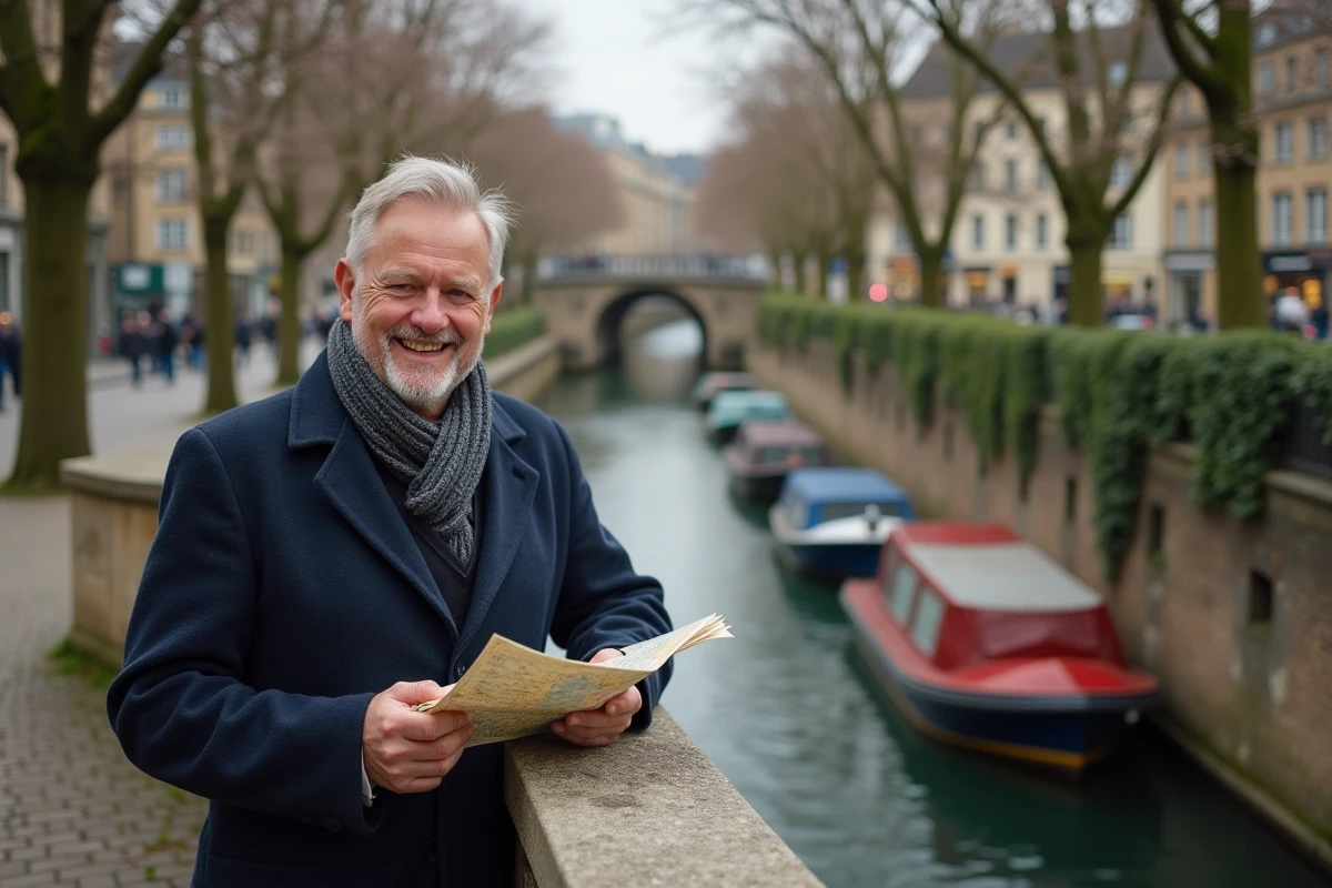 Homme lisant une carte sur un pont au bord d un canal parisien