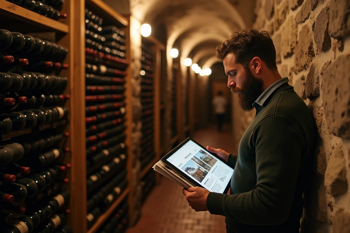 Homme en cave à vin consultant les rubriques d'un site viticole sur une tablette murale