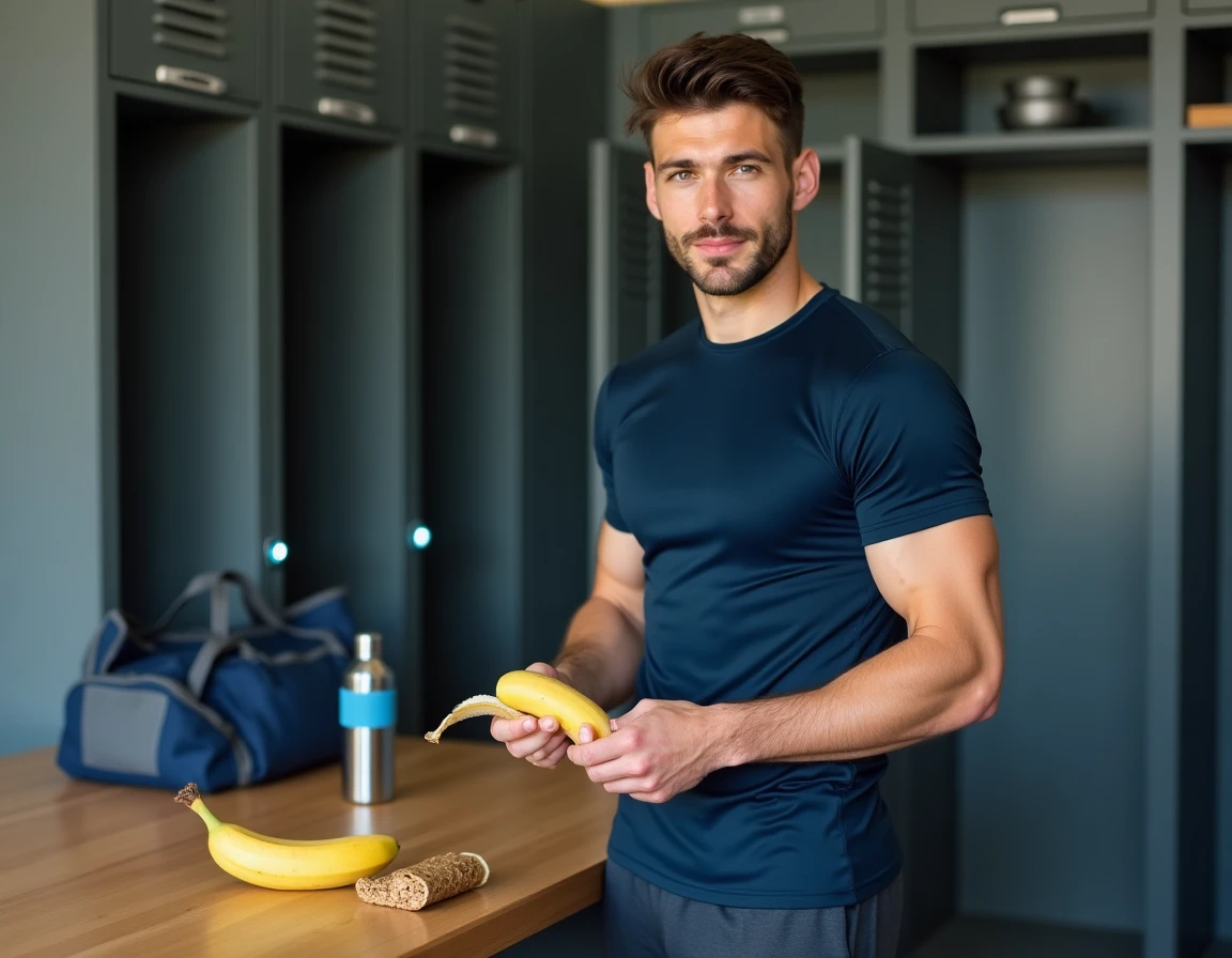 Homme sportif préparant une collation glucidique avec banane et barre céréales avant l'entraînement en salle