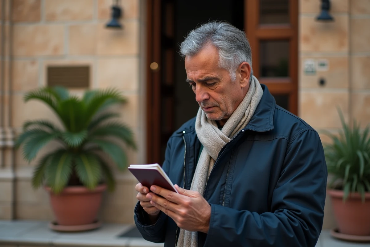 Homme vérifiant son passeport devant le consulat
