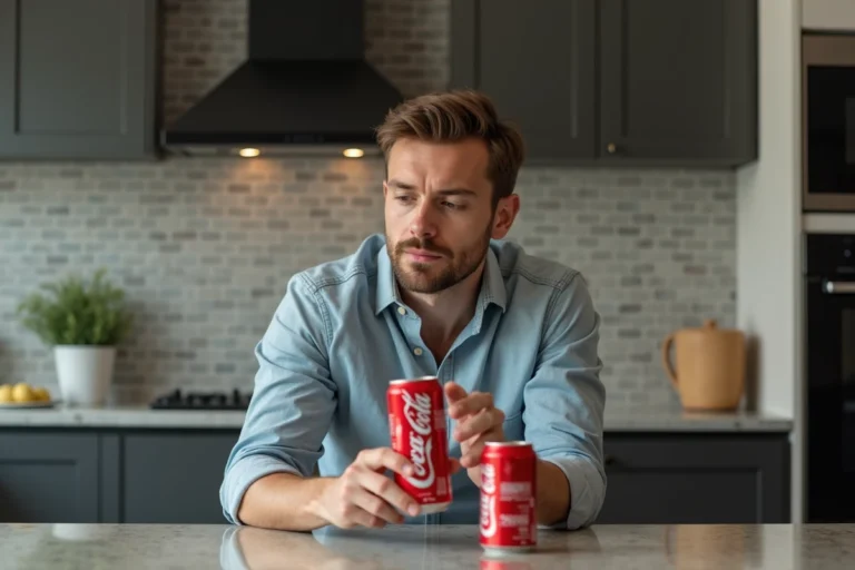 Homme étudiant une canette de cola zero dans une cuisine moderne