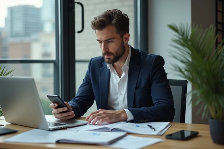 Homme concentré travaillant sur son ordinateur dans un bureau moderne