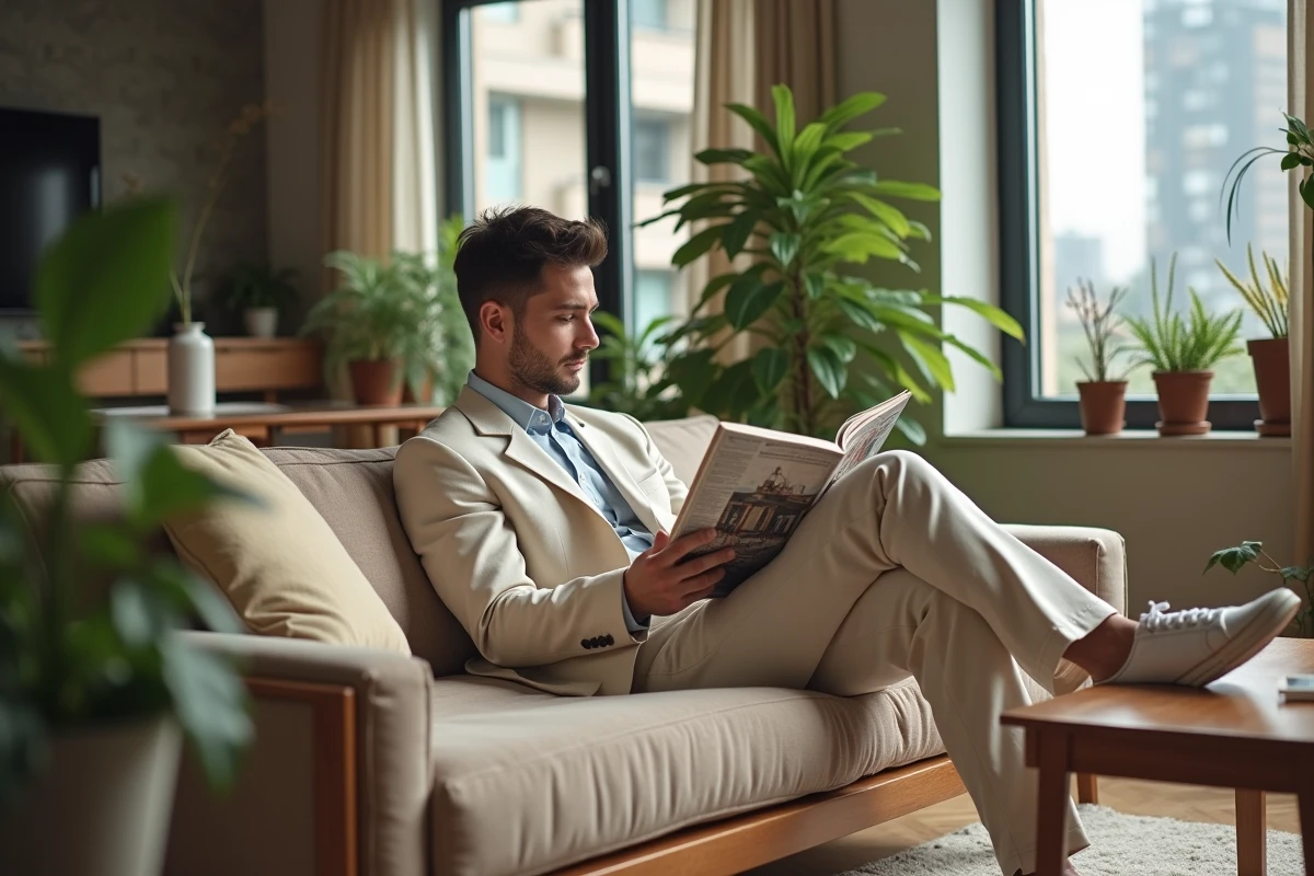 Homme en costume en lounge dans un salon moderne