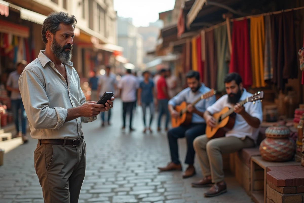 Homme en marché enregistrant musiciens avec instruments ethniques