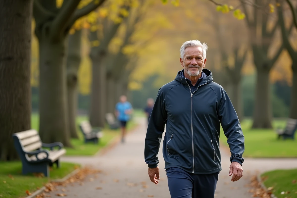 Homme actif de 50 ans marche dans un parc