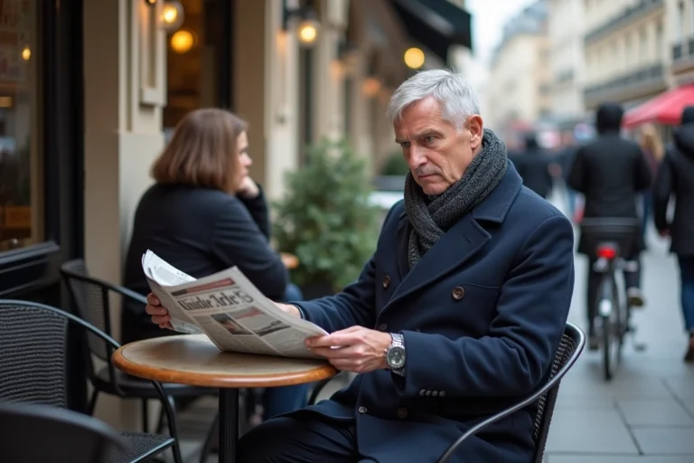 Homme d'âge moyen lisant un journal à Paris