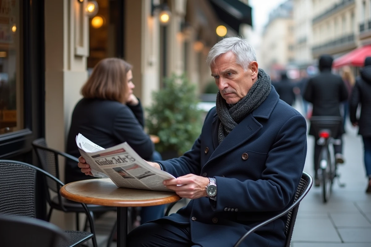 Homme d'âge moyen lisant un journal à Paris