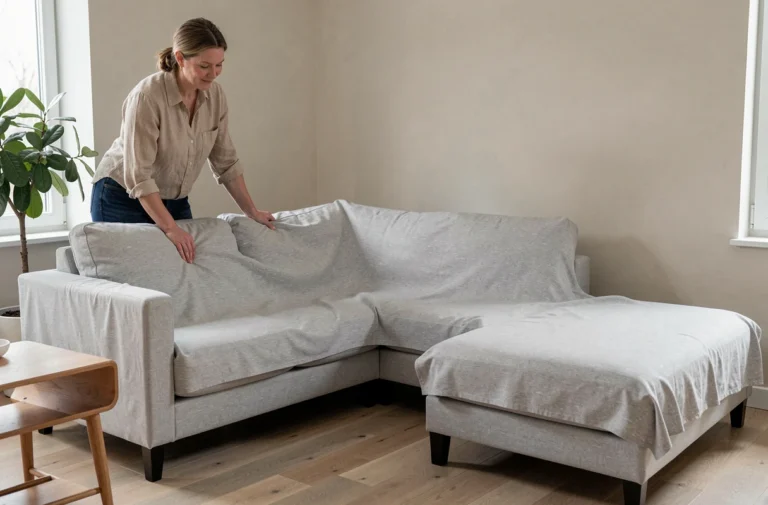 Femme installant une housse grise sur un canapé d'angle dans un salon moderne au style scandinave
