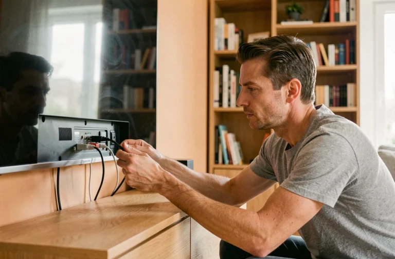 Homme inspectant les câbles et ports d'une TV Samsung pour résoudre un problème de connexion wifi