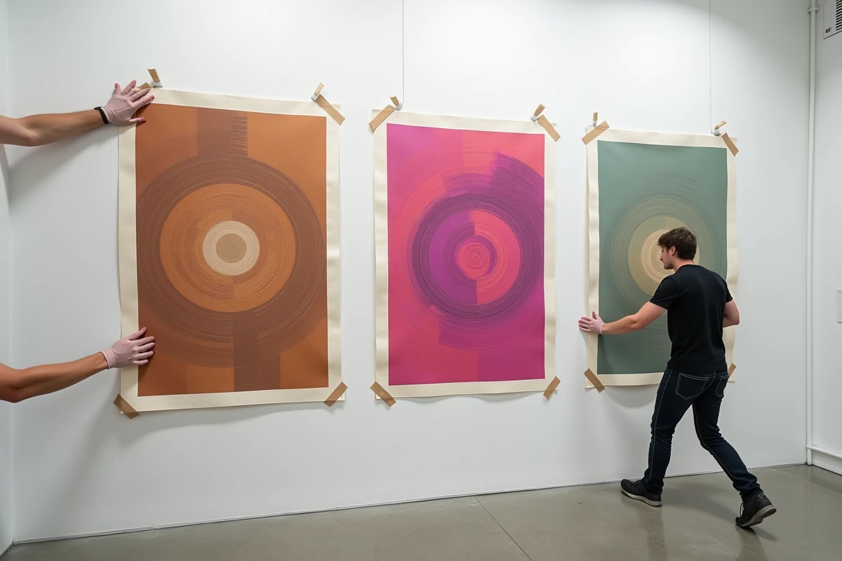 Œuvres d'art numérique grand format installées sur un mur de galerie contemporaine avec motifs abstraits et spirales fractales