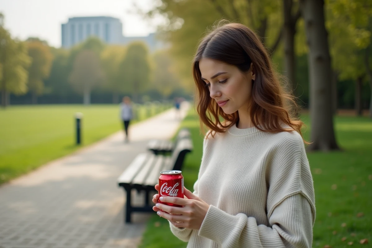 Jeune femme lisant une canette de cola zero dans un parc