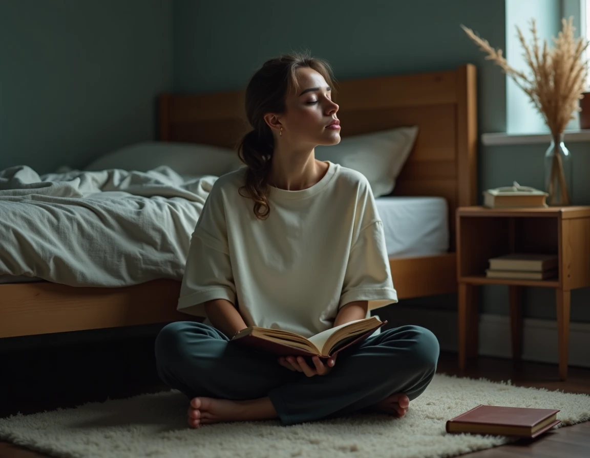 Jeune femme assise sur le sol de sa chambre la nuit, journal intime ouvert, méditant sur le rêve de parents décédés