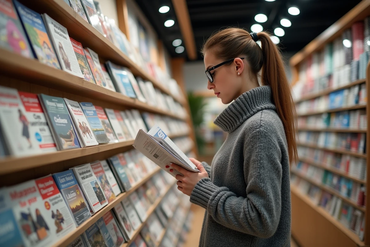 Jeune femme regardant des journaux dans un kiosque