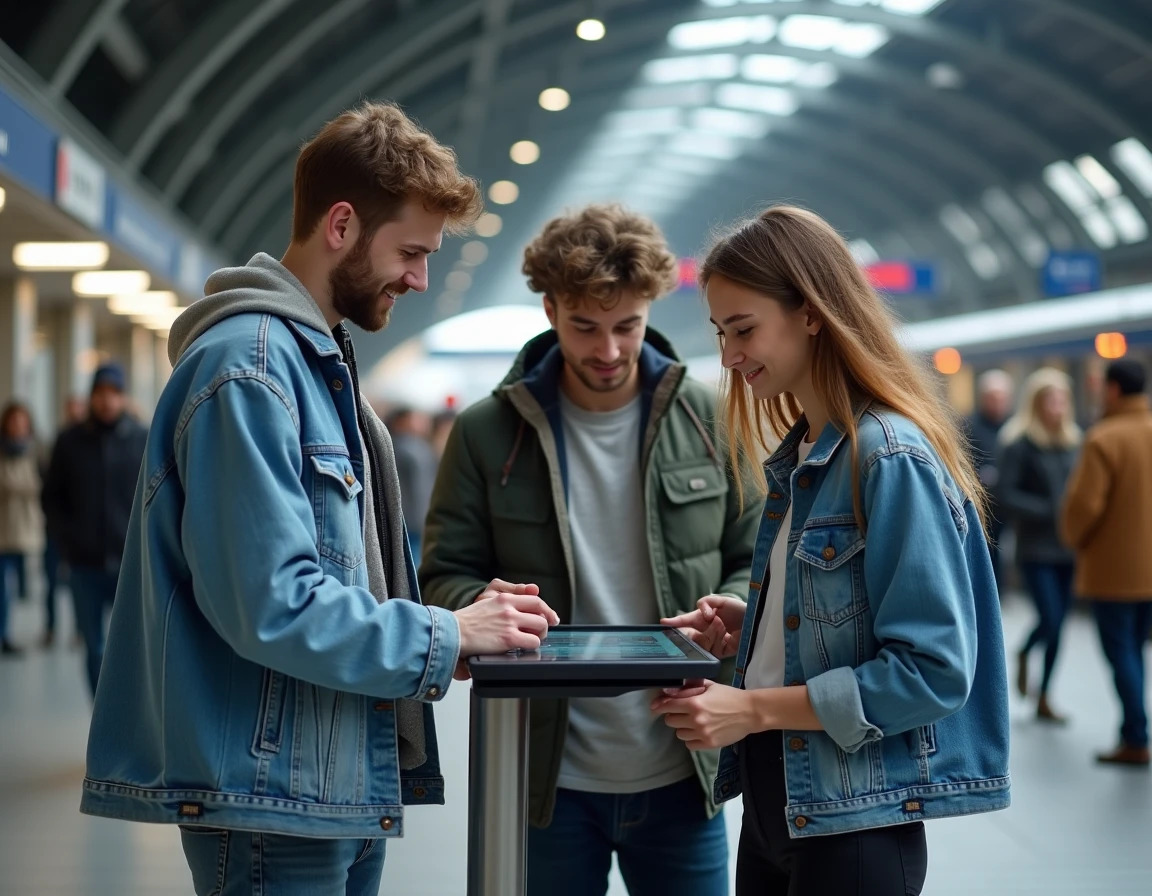 Groupe de jeunes adultes consultant un kiosque numérique d'actualités dans une gare française moderne