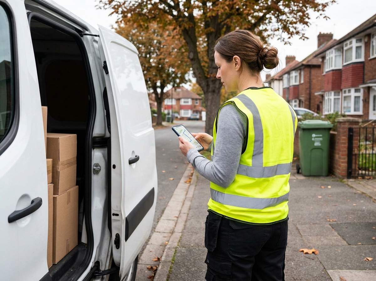 Livreuse consultant son smartphone pour optimiser sa tournée en zone résidentielle