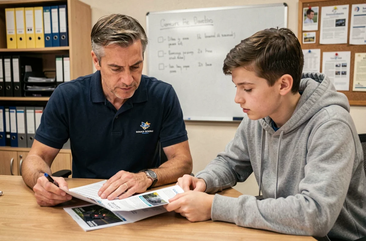 Moniteur d'auto-école et élève conducteur consultant les nouvelles règles du code de la route 2026 dans une auto-école