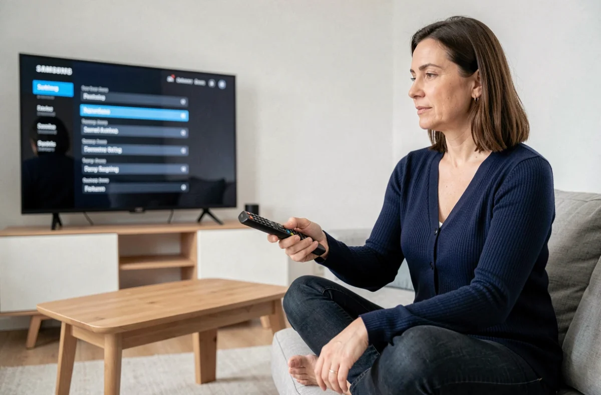 Femme naviguant dans les paramètres réseau d'une TV Samsung pour configurer la connexion wifi