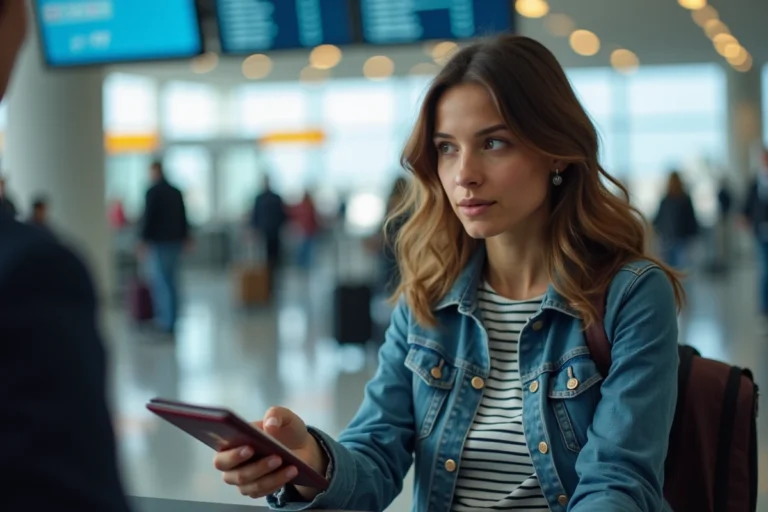 Jeune femme à l'aéroport vérifiant son passeport