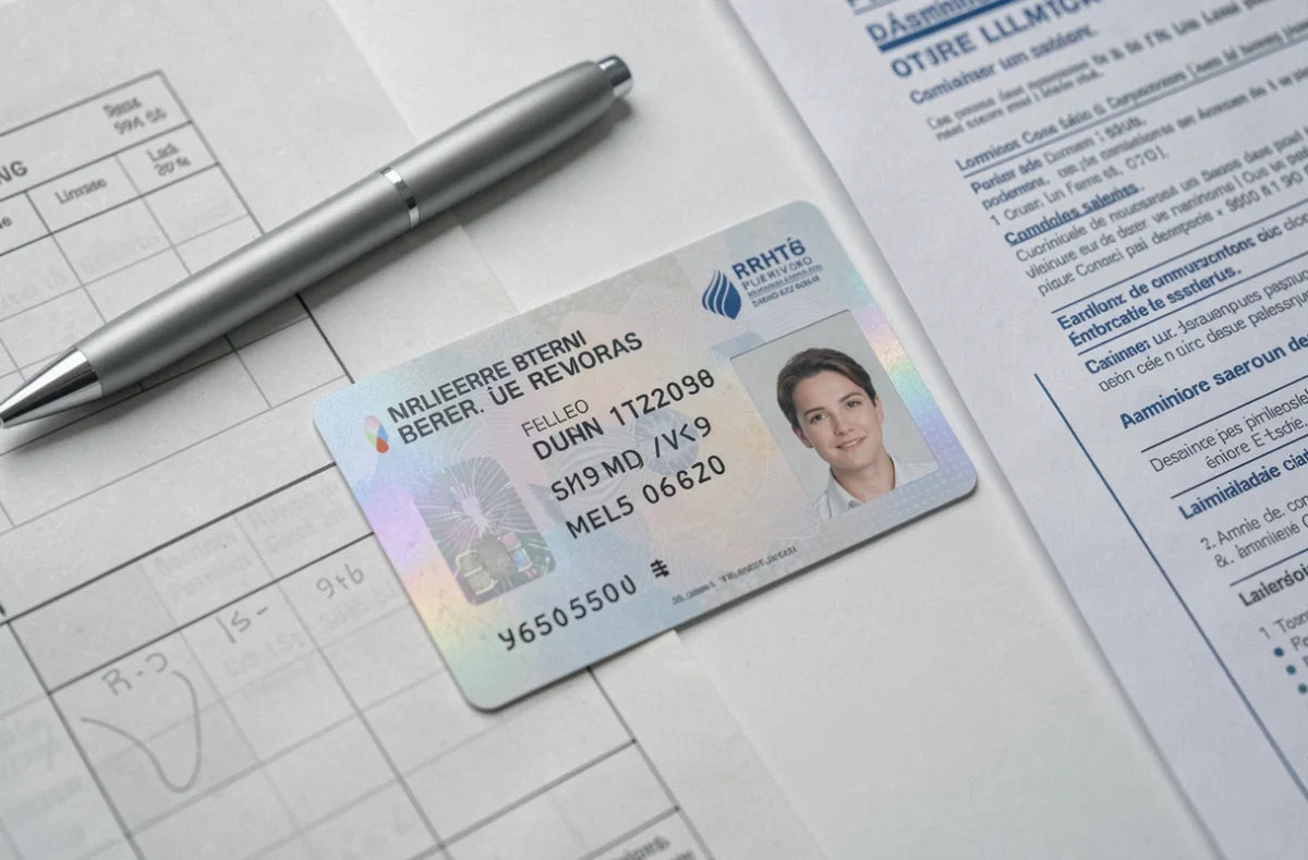 Gros plan sur un permis de conduire français posé sur un bureau avec des documents administratifs officiels illustrant les nouvelles règles 2026