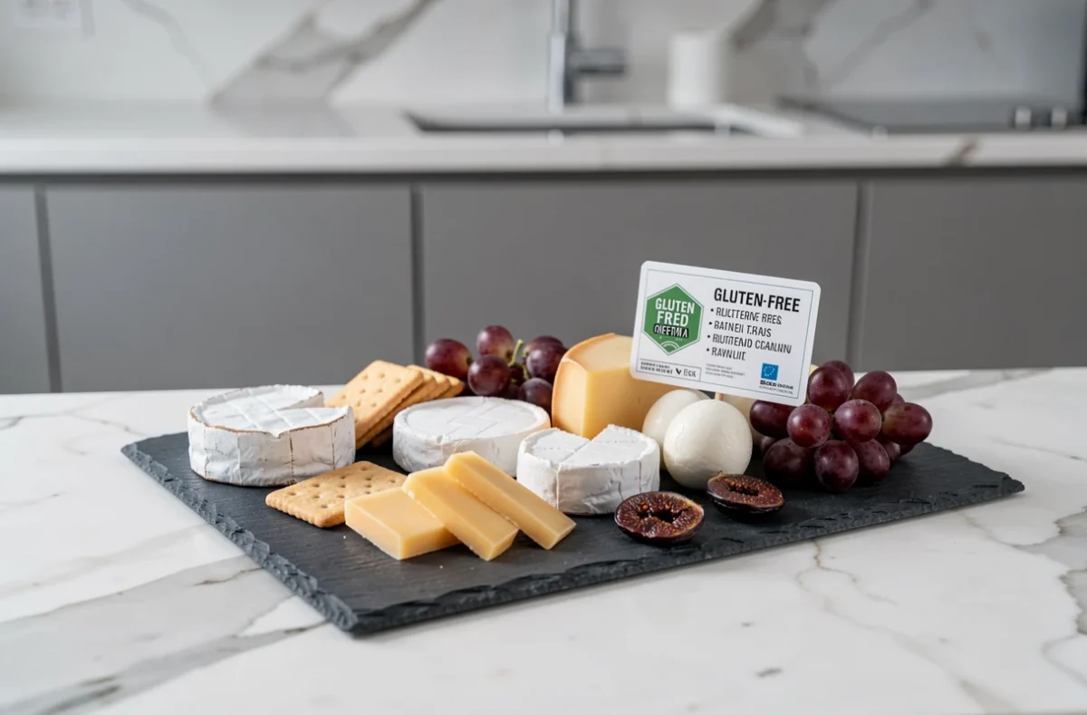 Plateau apéritif élégant de fromages sans gluten sur ardoise et marbre dans une cuisine moderne avec crackers sans gluten et fruits frais