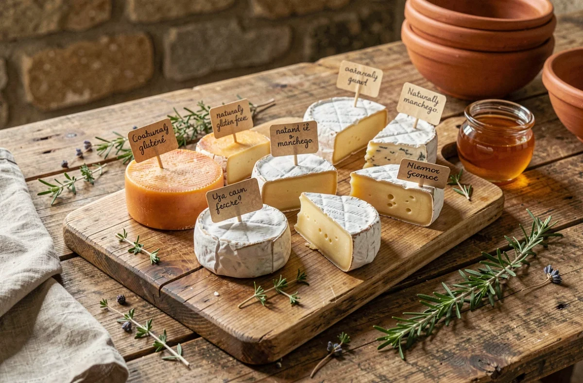 Plateau de fromages naturellement sans gluten sur une planche en bois rustique avec étiquettes artisanales, miel et herbes fraîches dans une cuisine de campagne française