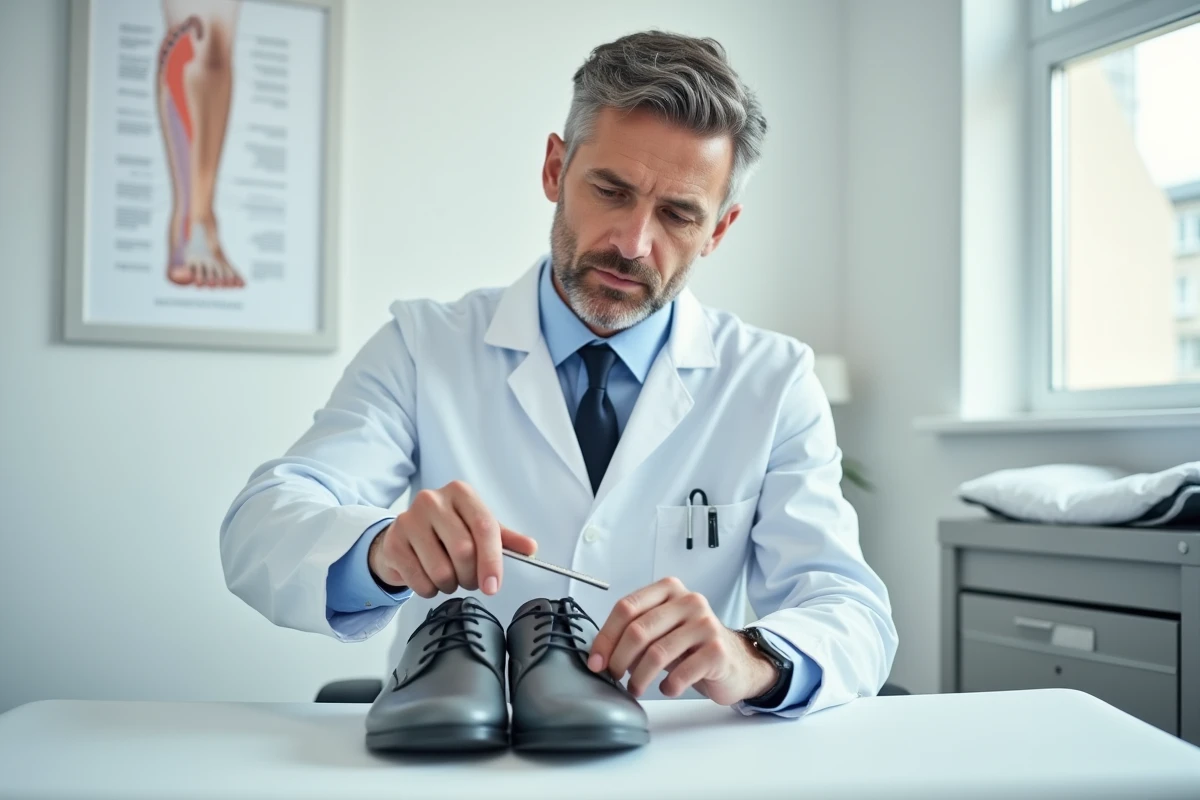 Podologue examinant des chaussures Dr Scholl dans un cabinet médical, évaluant leur impact sur la santé des pieds