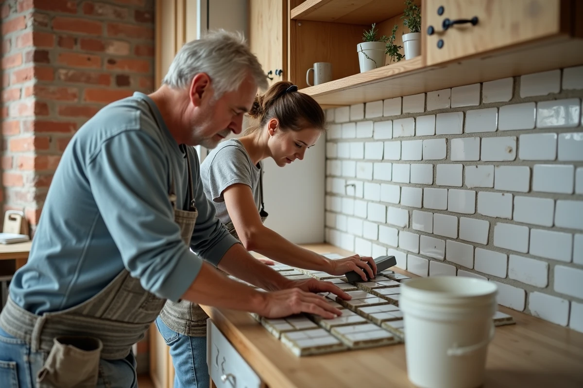 Deux personnes posant du carrelage ensemble dans une cuisine en cours de rénovation