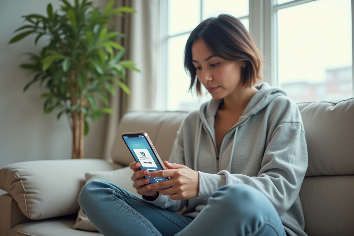 Femme consultant l'application mobile Footclub FFF pour sa première connexion depuis son canapé