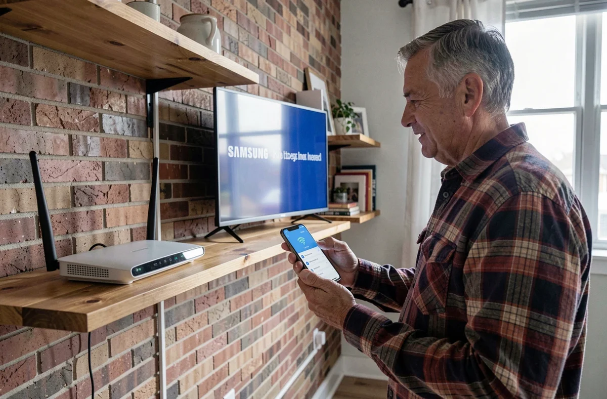 Homme vérifiant la connexion entre un routeur wifi et une TV Samsung pour diagnostiquer un problème réseau