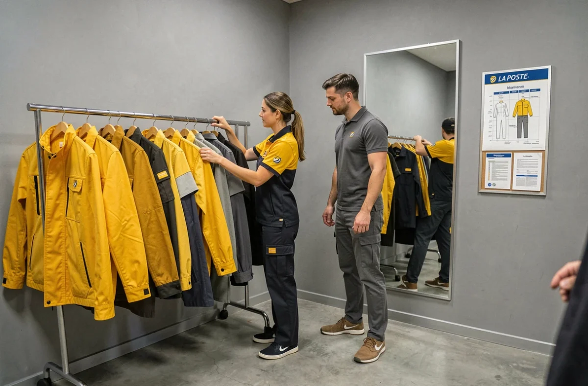 Deux nouveaux employés La Poste choisissant leurs uniformes dans la salle d'habillement dédiée au personnel