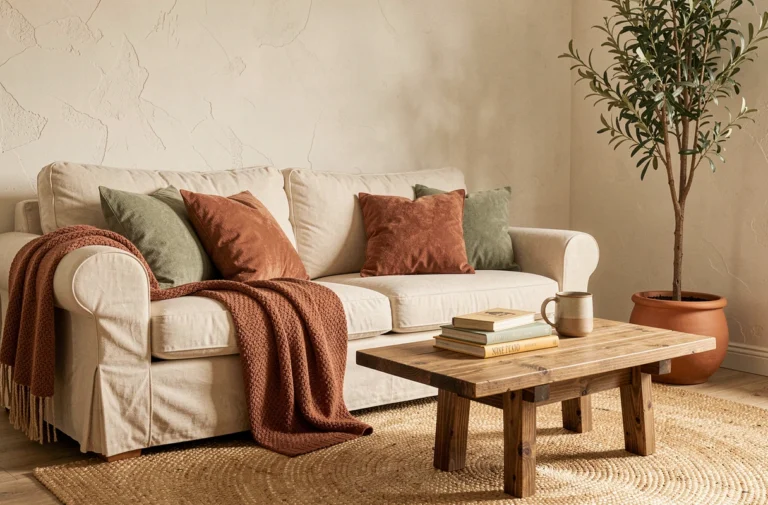 Salon chaleureux décoré avec un canapé en lin crème, des coussins en tons terre et une plante verte dans un pot en argile