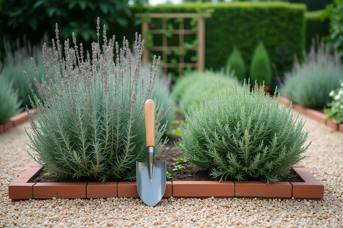 Comparaison d'une sauge arbustive avant et après taille dans un jardin potager structuré