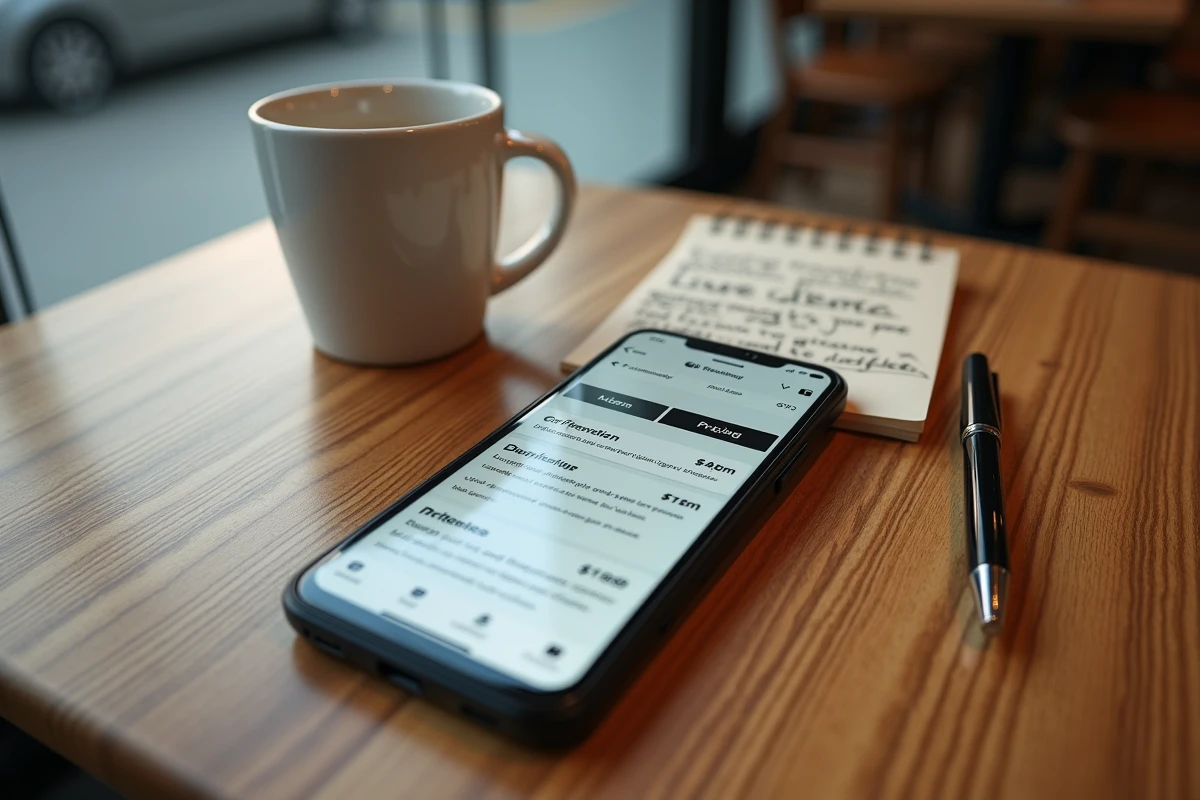 Vue aérienne d'un smartphone affichant les options d'annonces payantes Leboncoin avec un carnet de notes sur une table en bois