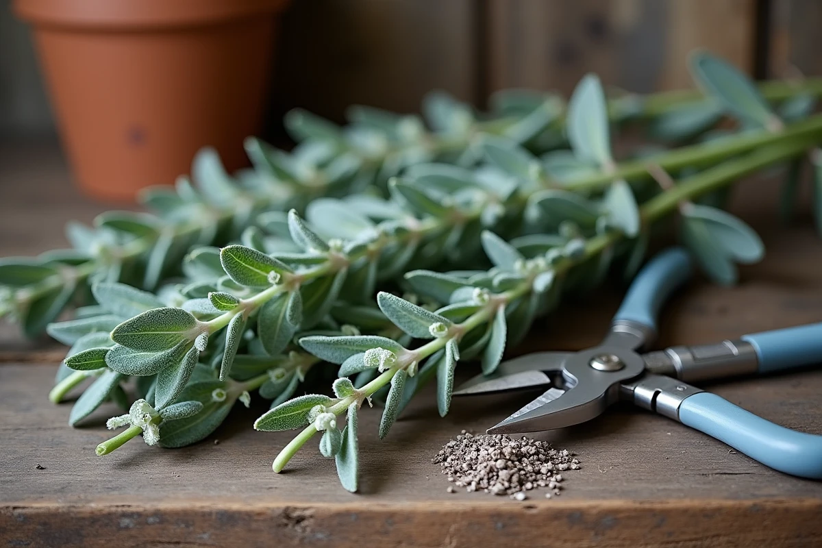 Gros plan de tiges de sauge fraîchement taillées et sécateurs sur une table de jardinage en bois