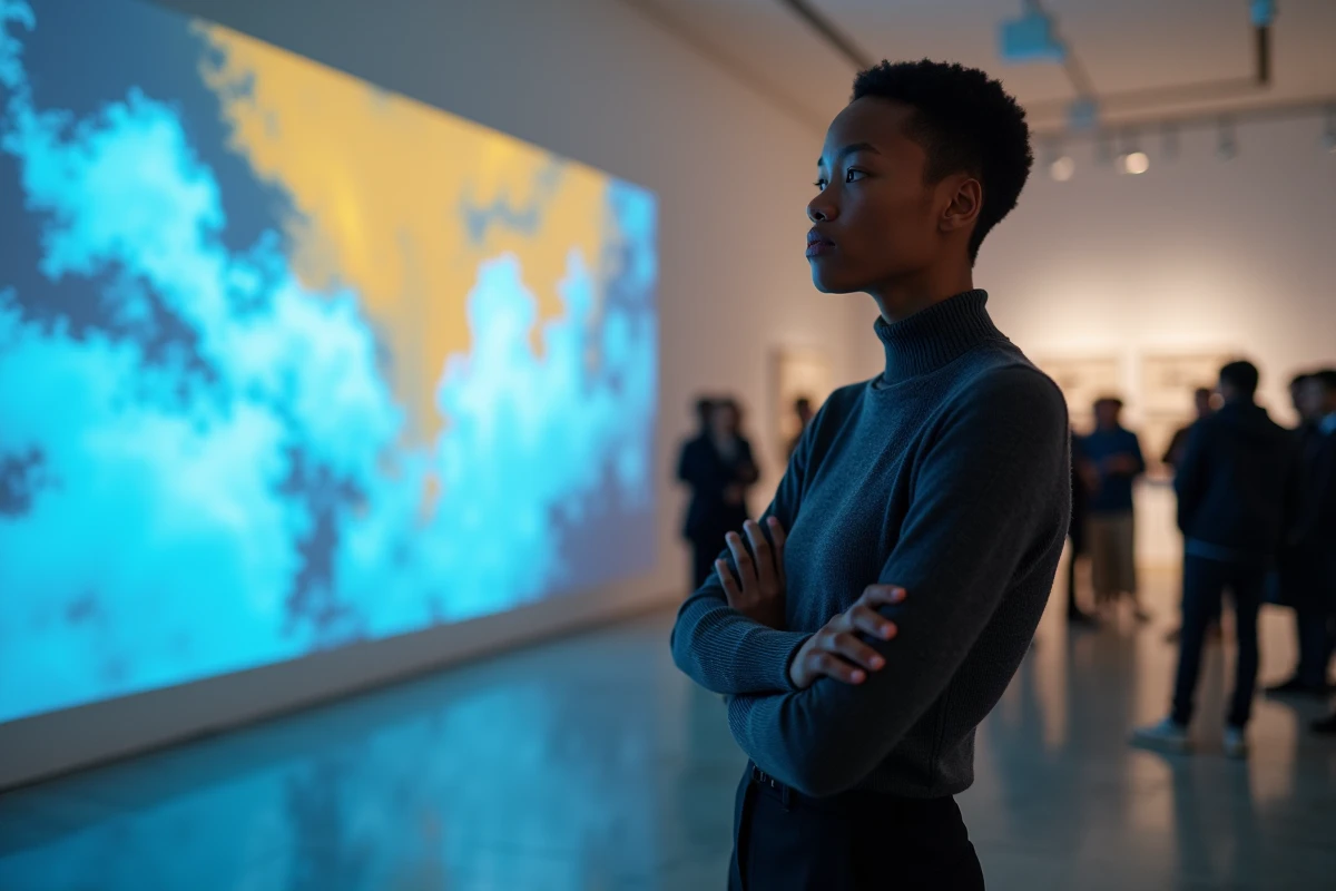 Personne contemplant une projection d'art numérique abstraite lors d'un vernissage dans une galerie contemporaine minimaliste